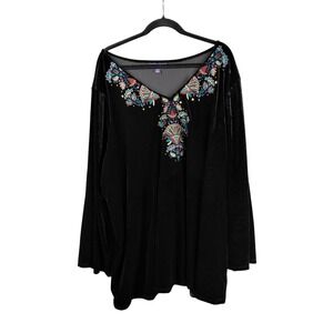 Roamans Black Velvet Embroidered Sequin Tunic Top Plus Size 4X 34/36 Boho V-Neck